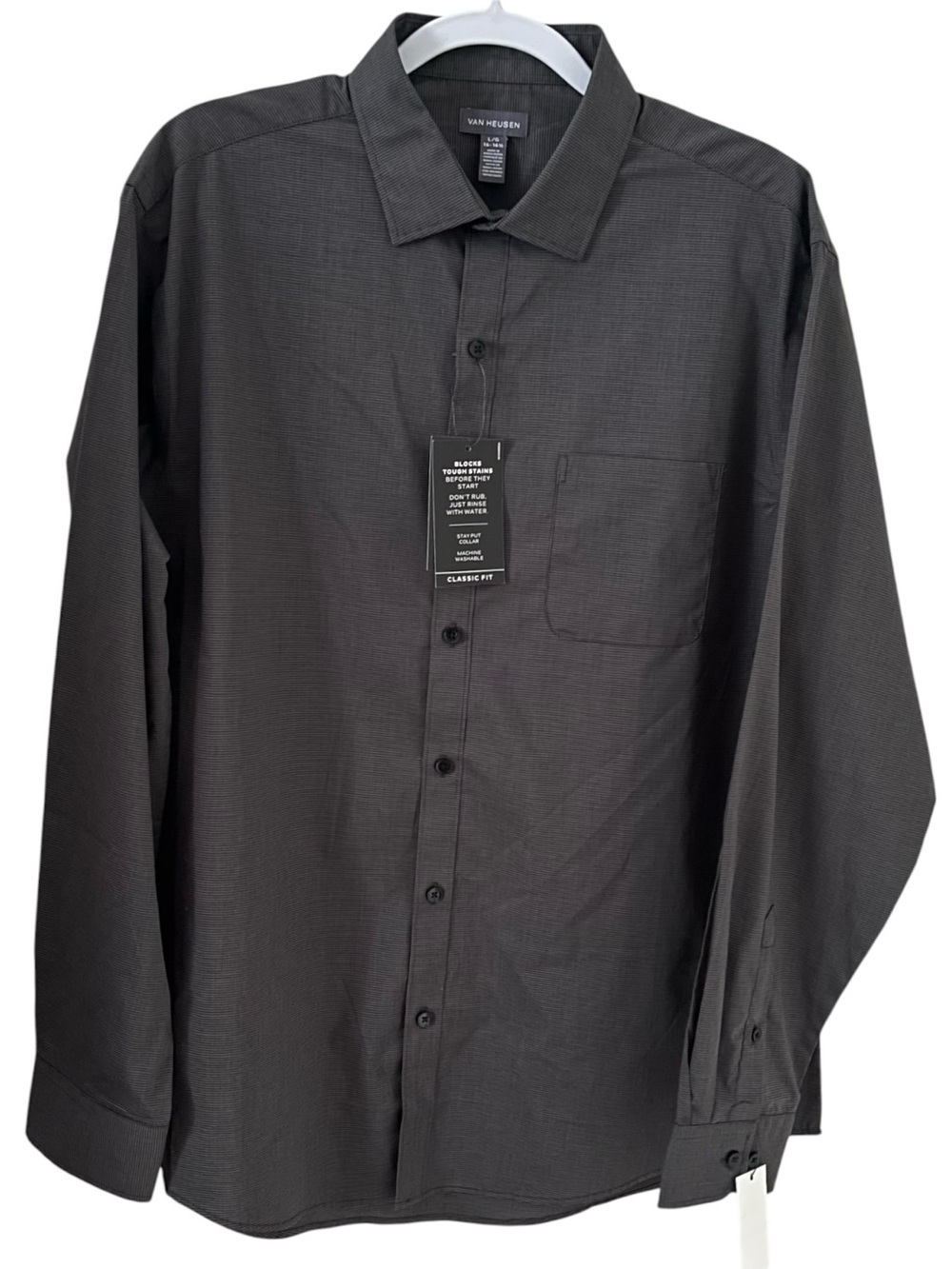New Van Heusen Black Grey Dress Shirt Mens Large 16-16.5 Button Wrinkle Free